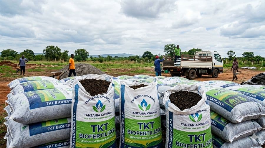 Bags of TKT organic biofertilizer loaded for distribution