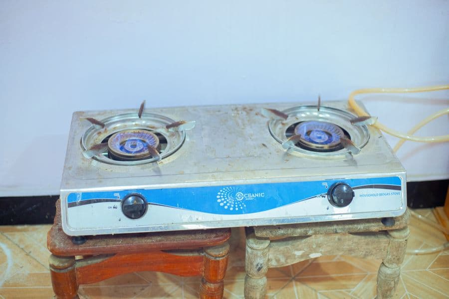 Household biogas stove burning a clean blue flame